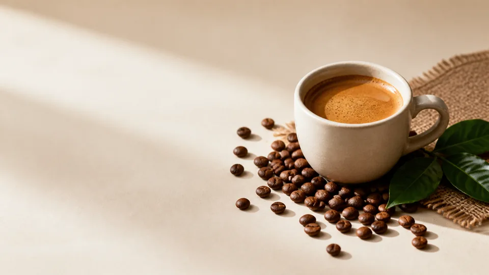 Matte espresso cup, roasted beans and leaves in soft morning light.