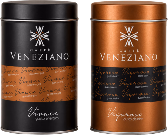 Original Vivace and Vigoroso ground-coffee tins.