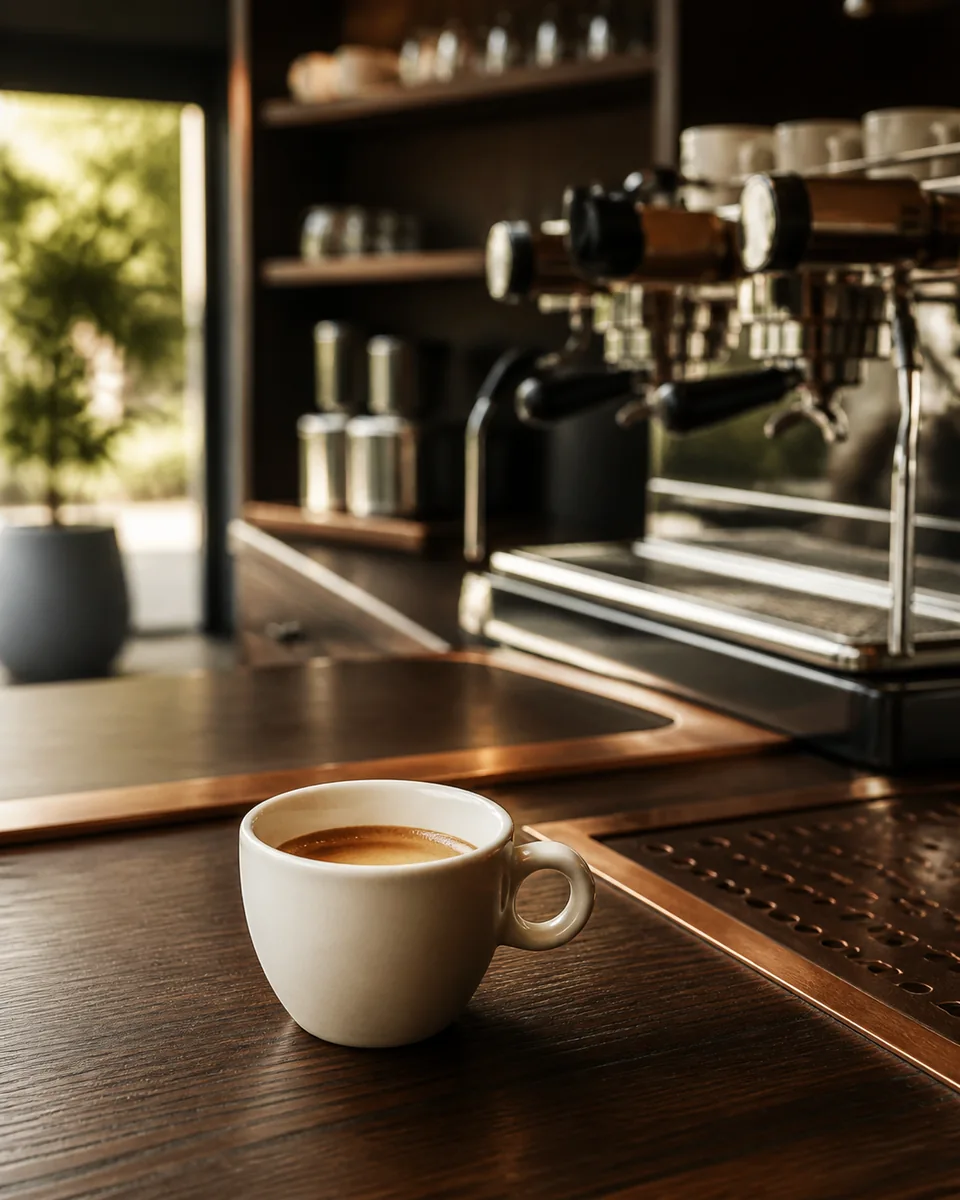 Espresso on a refined café counter.