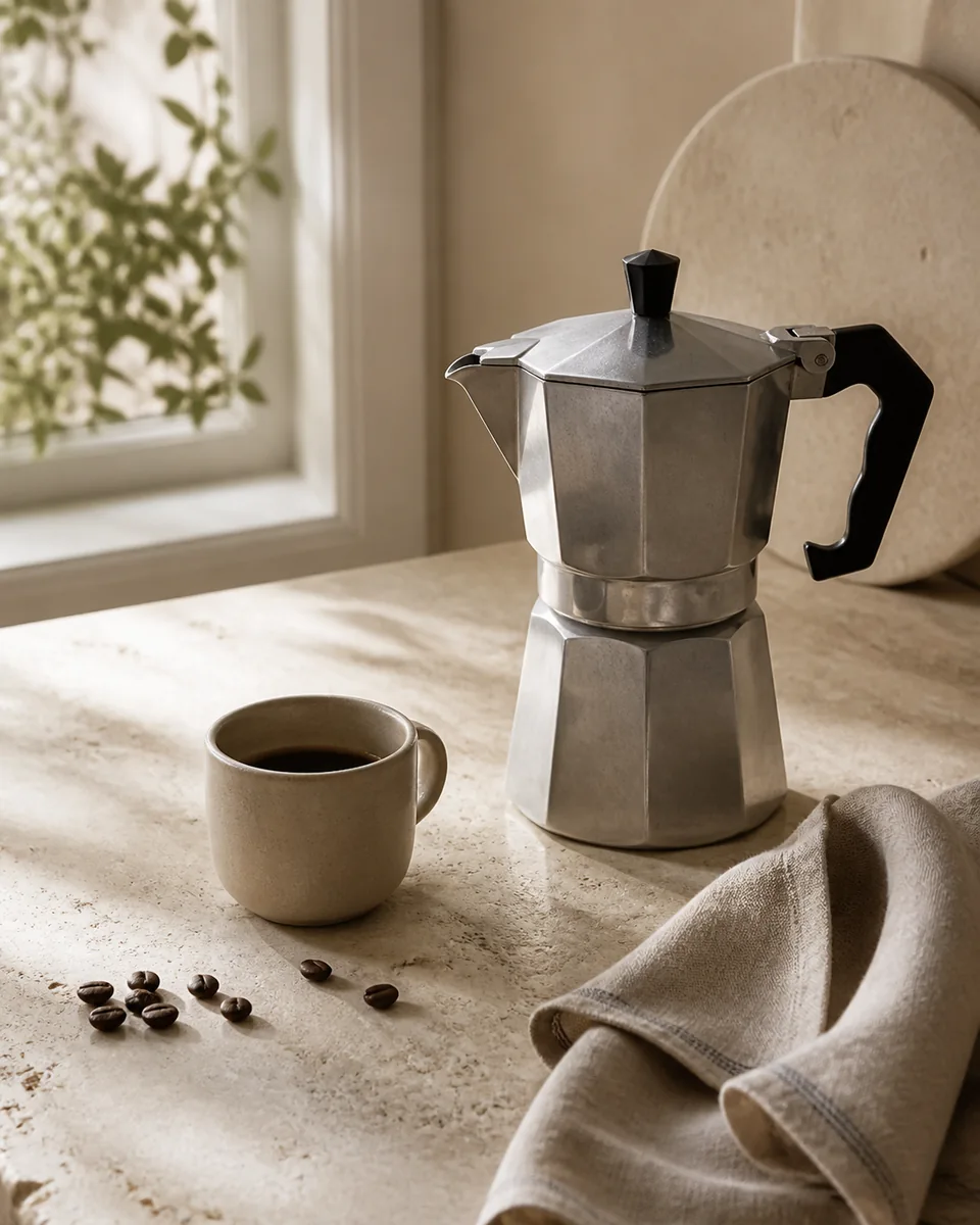 Moka pot and ceramic coffee cup in a calm home setting.