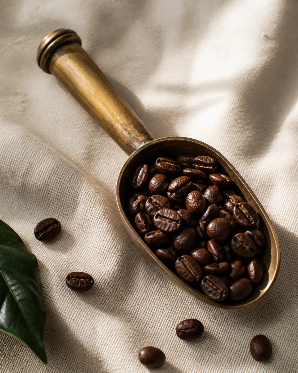 Aged brass scoop filled with roasted coffee beans.